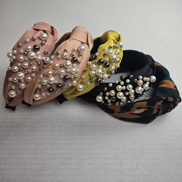 Headband Bundle of 5 Animal Print Pearls Black Chartreuse Blush Rose Tan Green - Picture 3 of 5
